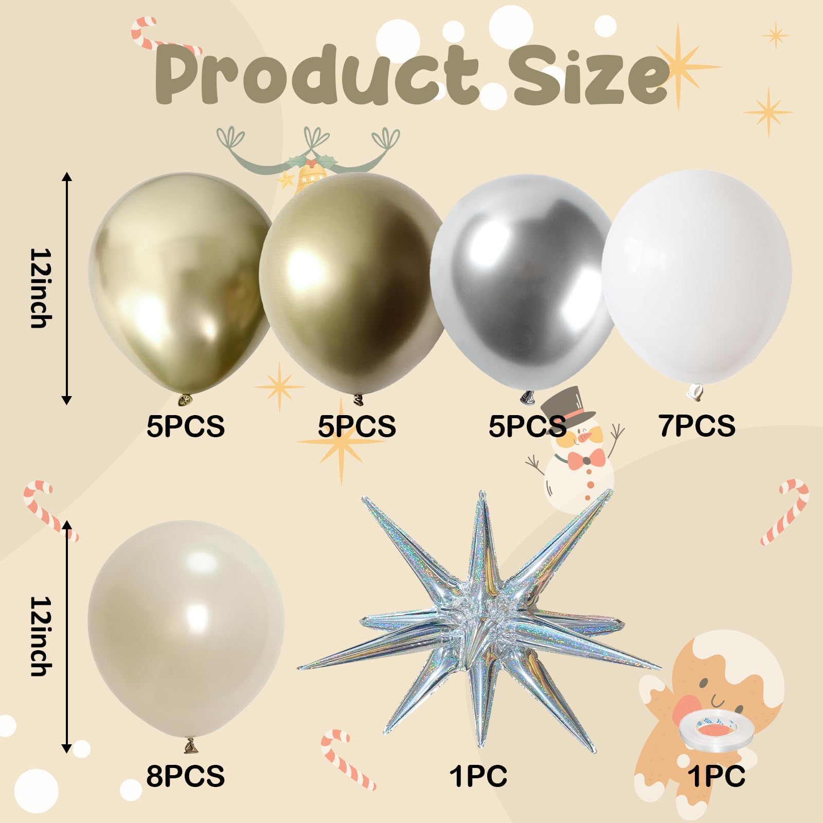 Weihnachtsballonbogen-Set, 30,5 cm, goldfarben, silberfarben, weißer Ballon mit silbernem Starburst, Helium-Mylar-Folienballons für Weihnachten, Neujahr, Urlaub, Hochzeit, Jahrestag, Geburtstag