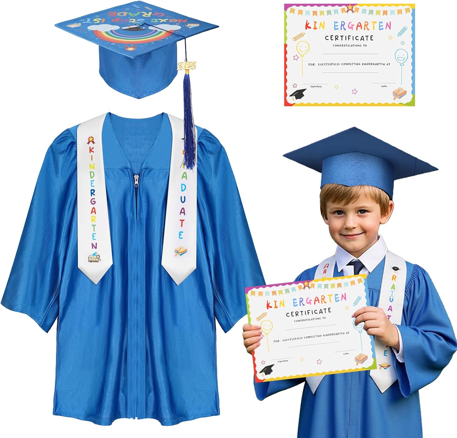 Kindergarten graduation cap and gown with 2025 Tassel, Certificatefor Toddler Children (27"-33") Blue Medium/30 inches