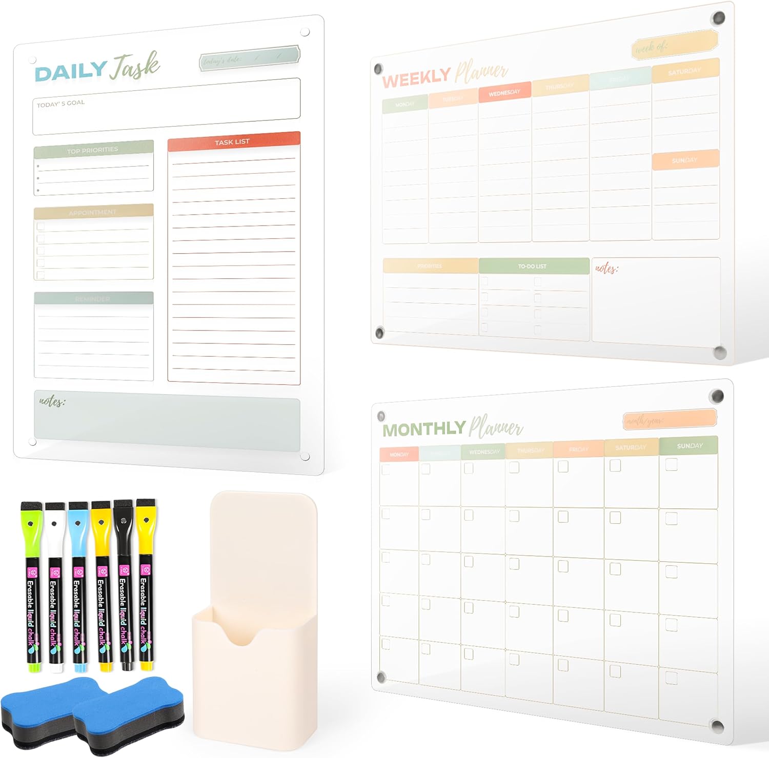 Quaply Set of 3 Transparent Dry-Erase Board for Fridge – Acrylic Magnetic Calendars for Refrigerator for Daily, Weekly & Monthly to Do List Including Colorful Markers, Eraser & Magnetic Holder