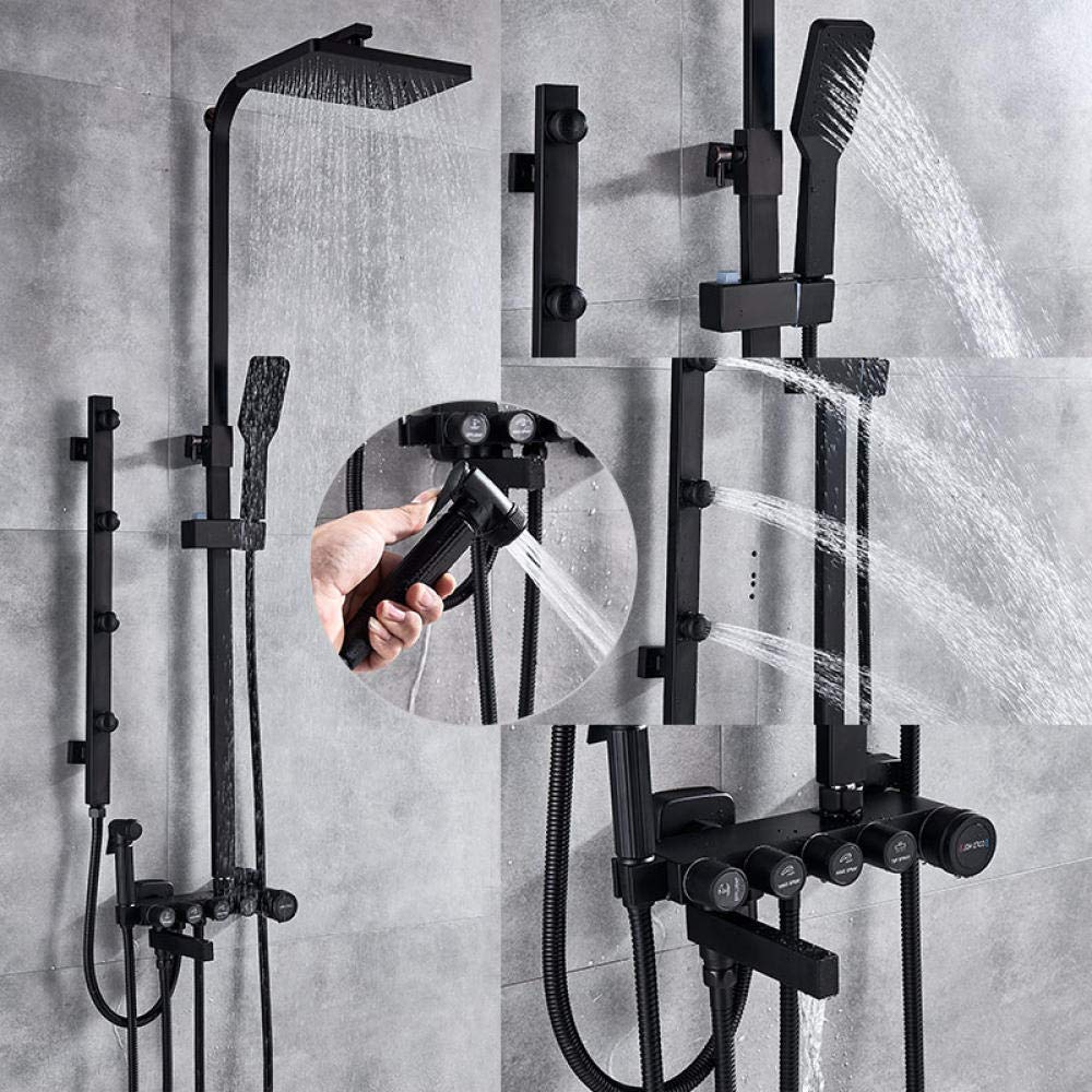 ASerZenith Matte Black Chrome Shower Faucets Set Brass 5-Way Button Control Mixer Tap SPA Massage Jets Shower Bidet Bath Shower Set-Matte Black