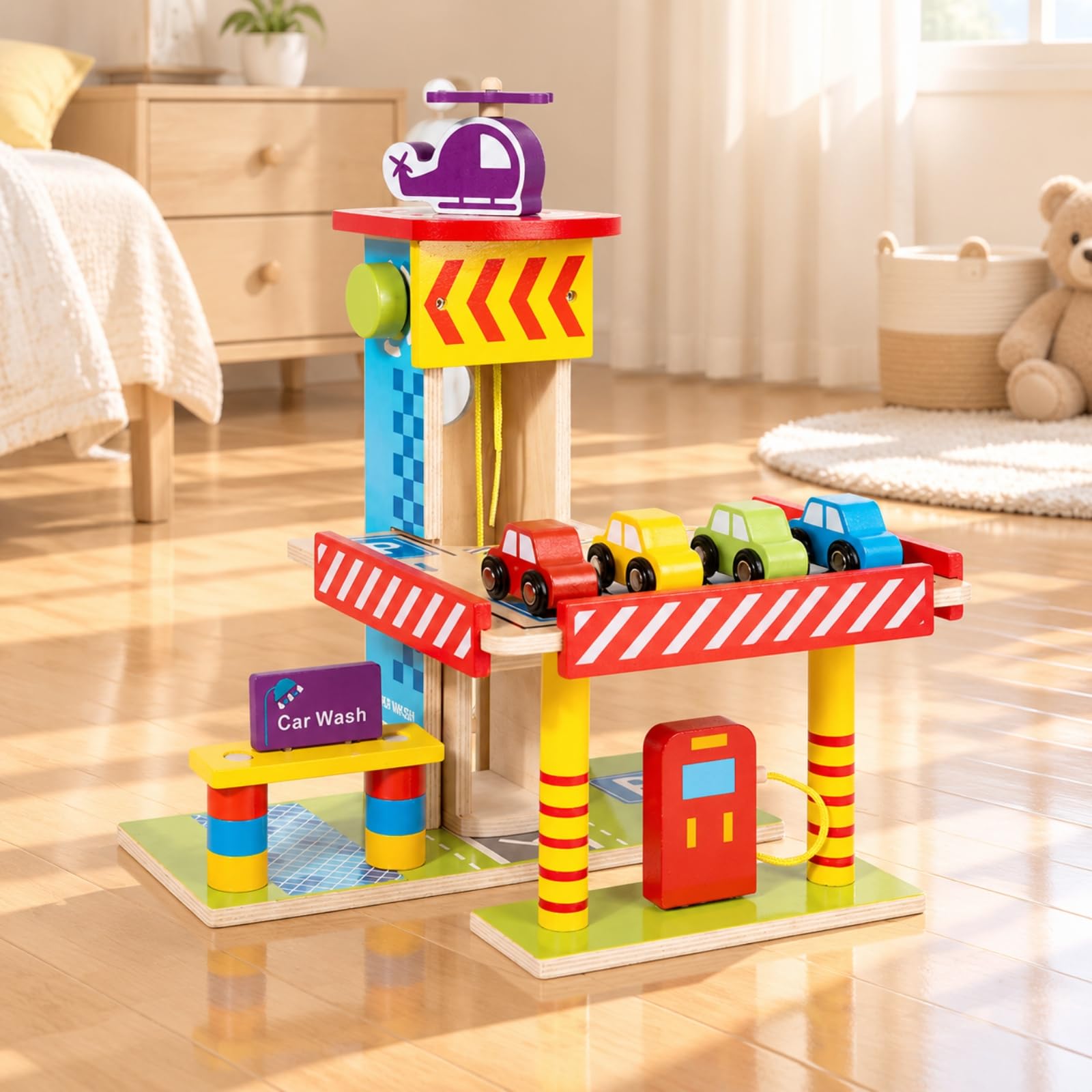 Centro Estacionamiento Infantil Manual Parquearo Juguete con Coches y Vehículo Aéreo Estable para Sala Juegos