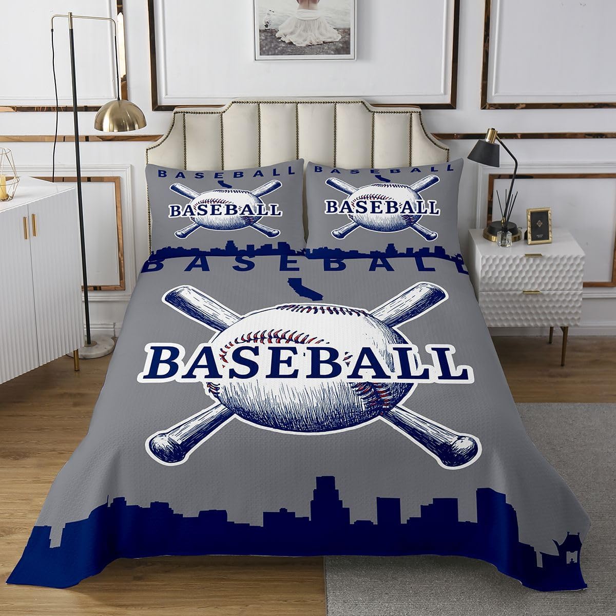Erosebridal Baseball Coverlet Set Softball King Size Quilt Set Sports Games Bedspread Sets for Boys Teens Bedroom Decor Baseball City Bedding Set, Gray