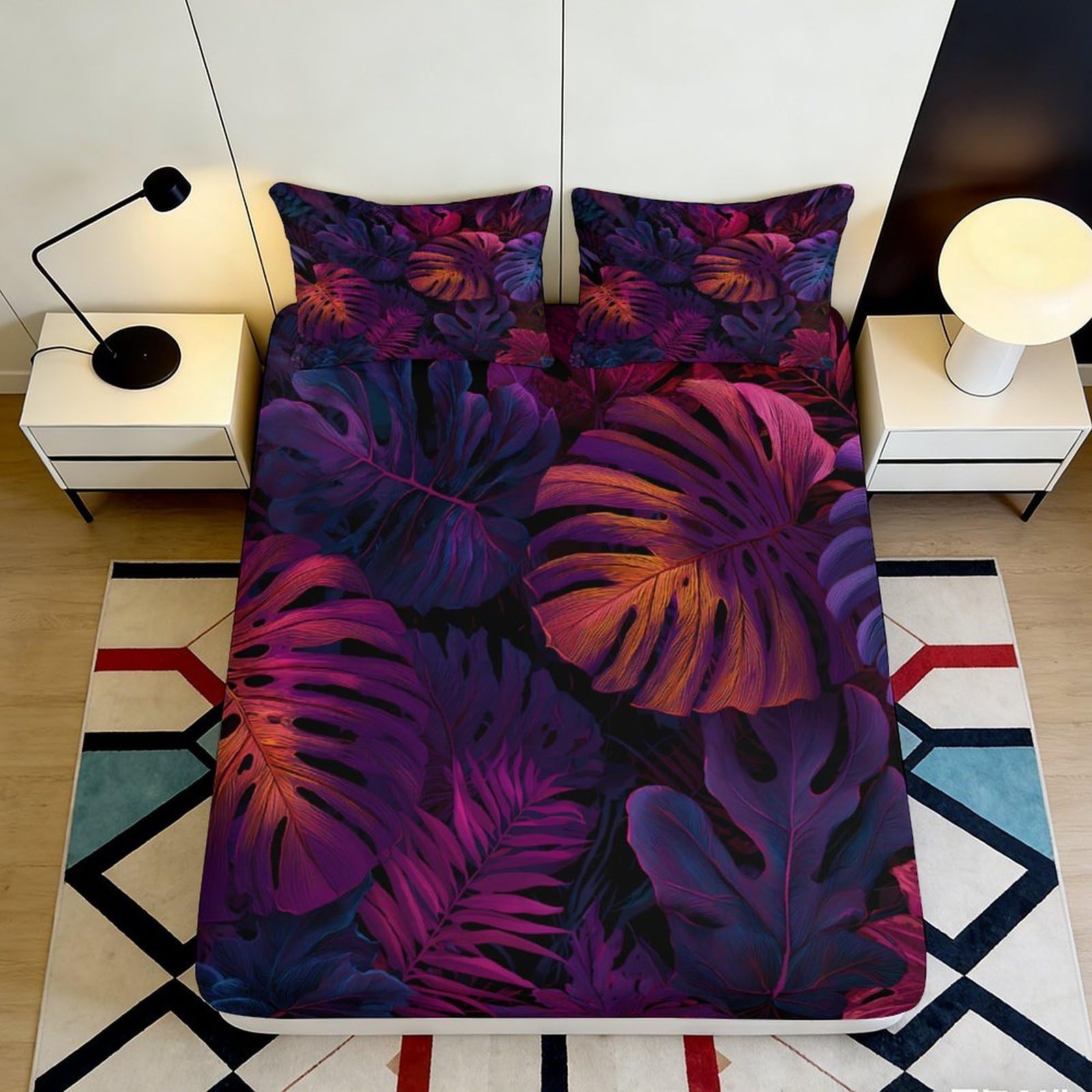 3D Printed Tropical Leaves Fitted Sheet Microfiber Deep Pocket Elastic Hem Bedroom Bedding Tropical Leaves Mattress Fitted Cover Washable Non-Slip 140x200x25cm