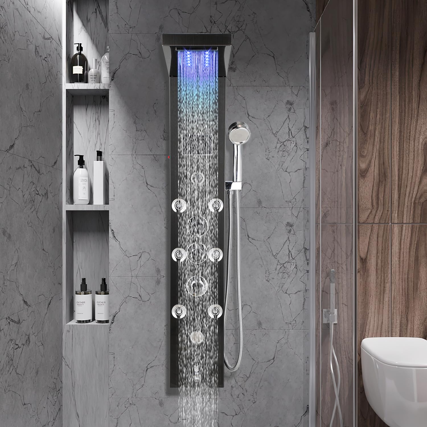 Panel de ducha, columna de ducha seis en uno, indicador de temperatura LED, sistema de panel de ducha de acero inoxidable con grifo, ducha de lluvia, ducha de cascada, ducha de masaje, ducha