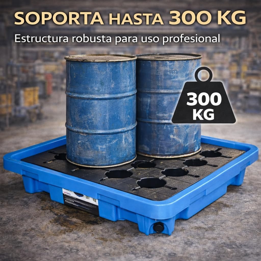 Bandeja Recogegotas 42 litros con Rejilla – Cubeta Antiderrames de Polietileno Resistente a Químicos y UV – Plataforma de Retención para Bidones, Taller, Almacén e Industria – 300 kg Carga