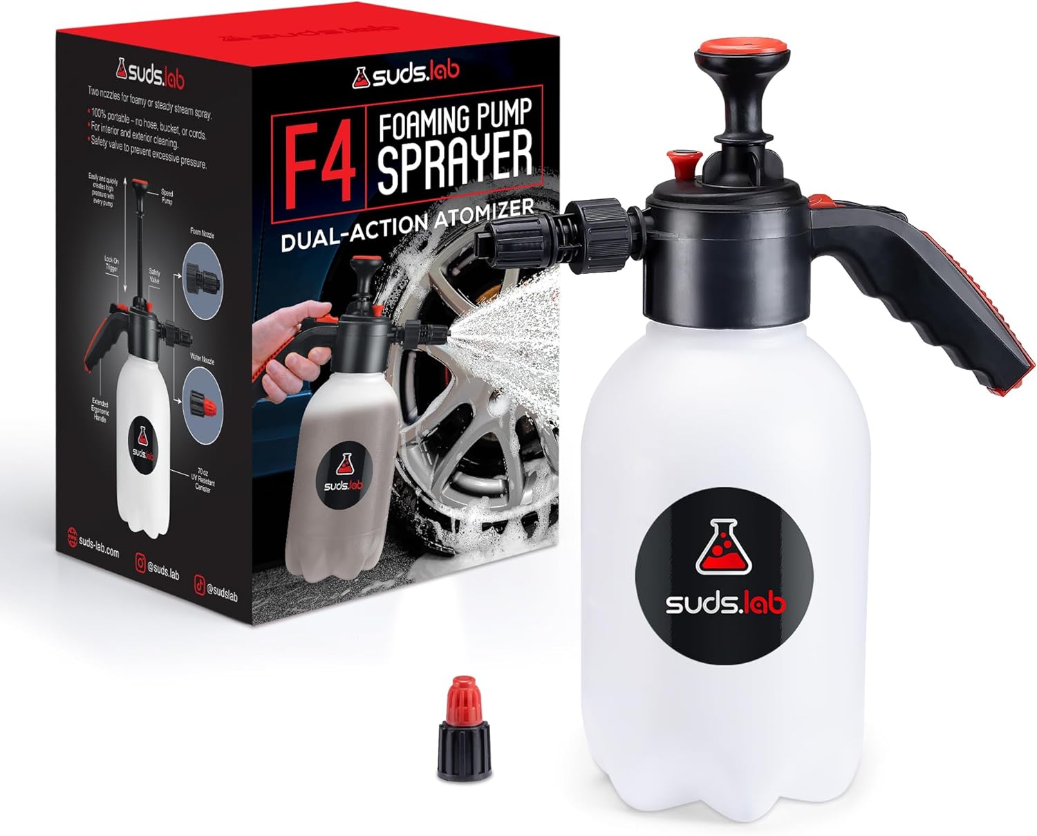 Suds Lab F4 Foaming Pump Sprayer with 70 oz UV Resistant Canister & Ergonomic Handle – Handheld Dual-Action Atomizer Car Foam Sprayer for Detailing, Garden & Home Use