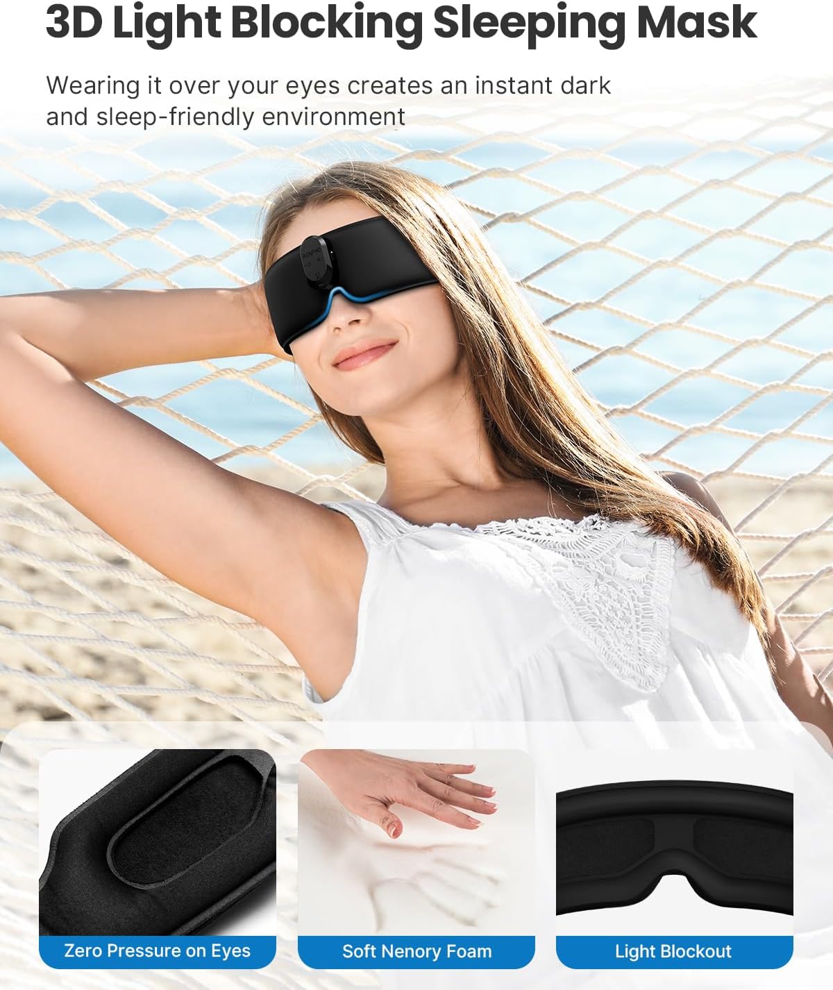 Woman relaxing with 3D light blocking sleeping mask