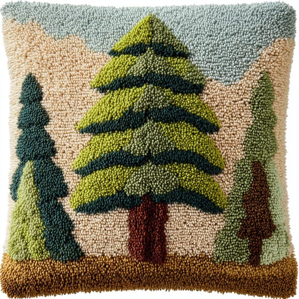 WallustrioaW Latch Hook Cushion Cover Kit,Pine Tree Landscape,Pillow Case Rug Cover Kids Beginner DIY Needlework Embroidery Kits Handmade Set,17x17in