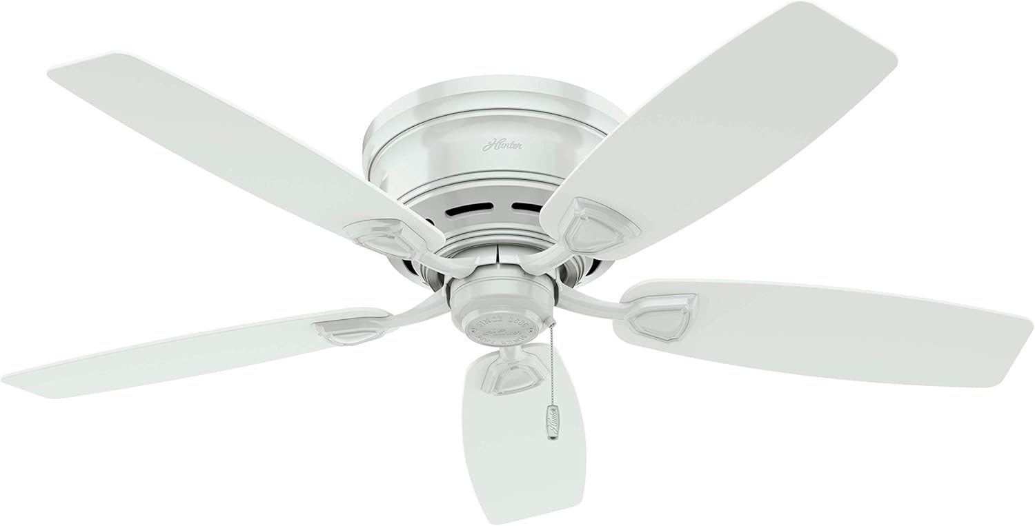 Hunter 48 inch Outdoor or Indoor Ceiling Fan No Light - Low Profile Mount, White Ceiling Fan without Light, For Patio, Porch, Garage, or Living Room, 5 Blades, Pull Chain - Sea Wind 53119, White