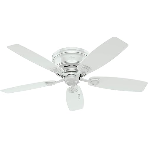 Hunter 48 inch Outdoor or Indoor Ceiling Fan No Light - Low Profile Flush Mount, White Ceiling Fan without Light, For Patio, Porch, Garage, or Living Room, 5 Blades, Pull Chain - Sea Wind 53119, White