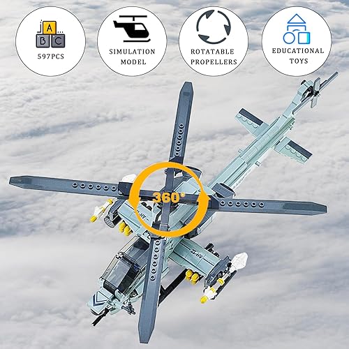 Miniatura 7 de Juegos de construcción de troncos para niños 8-12 597 piezas US AH-1Z helicóptero armado bloques de construcción juguetes para niños y adultos
