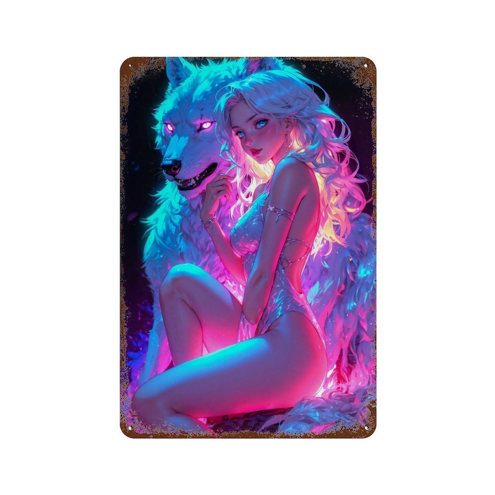 Neon Wolf Woman Decorative Tin Sign 11.8"x7.9", Farmhouse Wall Decor for Garage, Bar And Workshop Decor