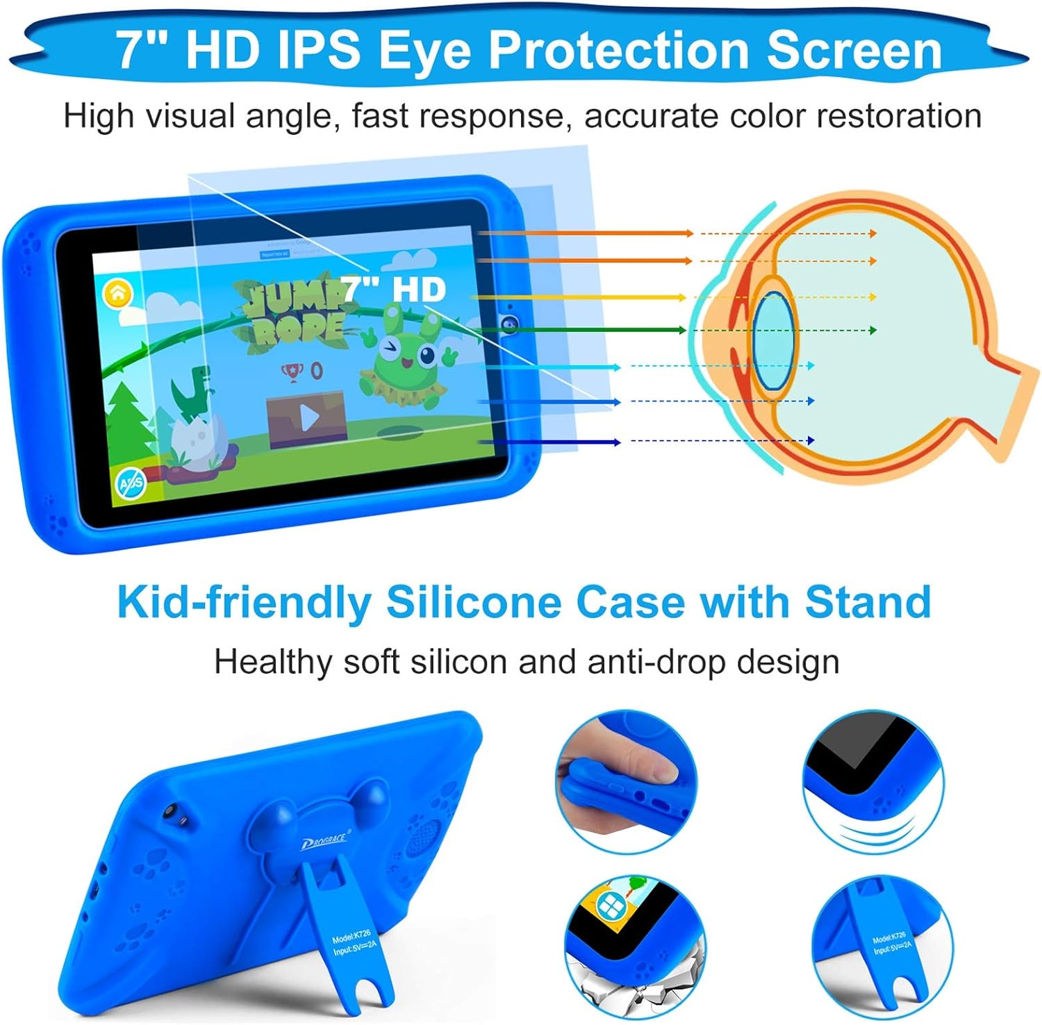 PROGRACE Kids Tablets Android 9.0, 2GB RAM 16GB ROM, 7 inch IPS HD Display, Parental Control, Dual Camera, Pre-Installed Kids Educational APP, Kid-Proof Case, Blue