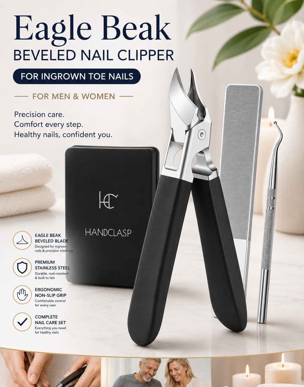 Eagle Beak Beveled Nail Clippers, Upgrade Stainless Steel Wide Jaw Opening Anti-Splash Nail Clipper Set of 3-Piece, Long Handle Angled Head Nail Clippers for Ingrown & Thick Nails, for Men Women