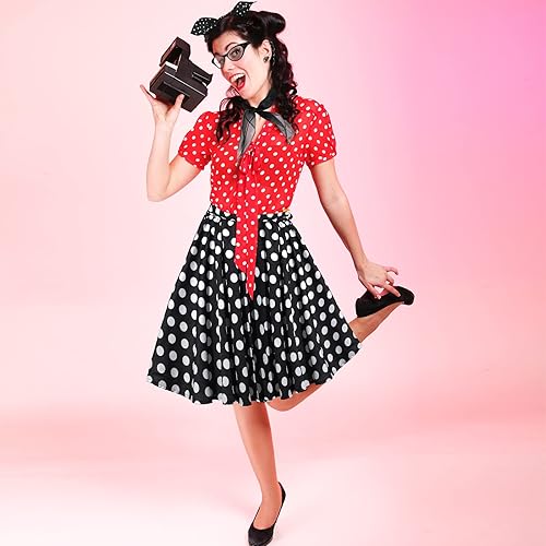 Miniatura 5 de Hicarer 5 Pcs 50s Women Halloween Costume 1950 Poodle Skirt Sock Hop Accessory Outfit Scarf Glasses Bandana Headband Earring