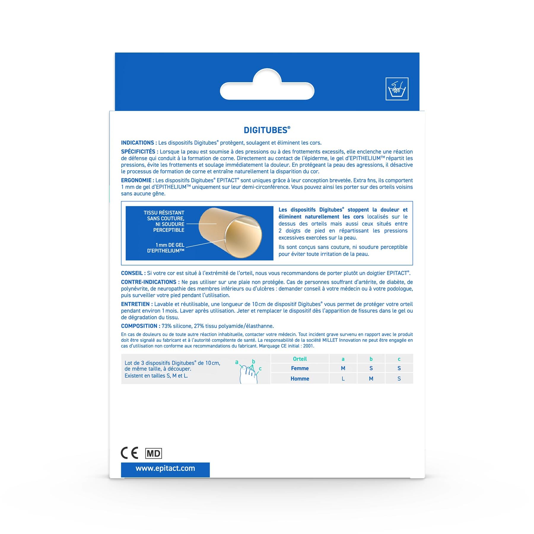 EPITACT | Protège-Orteils Digitubes | Cors, Œils-de-Perdrix | Protègent les Orteils des Frottements et Pressions | Soulagent la Douleur | Éliminent Naturellement les Cors | Fabriqués en France (M)