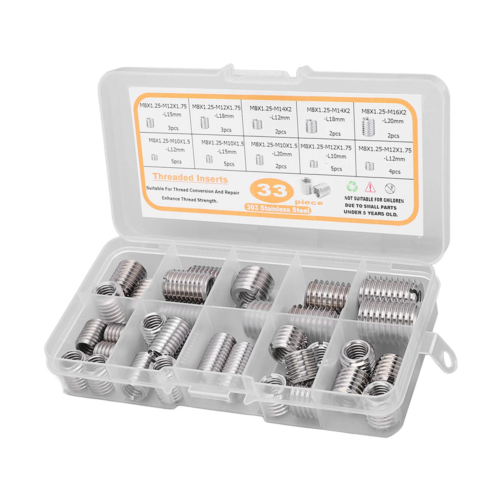 Thread Reducer Nut, 33PCS M8x1.25 Threaded Insert Assortment Kit Stainless Steel Thread Reducer Nut Repair Sleeves, Inserts and Kits