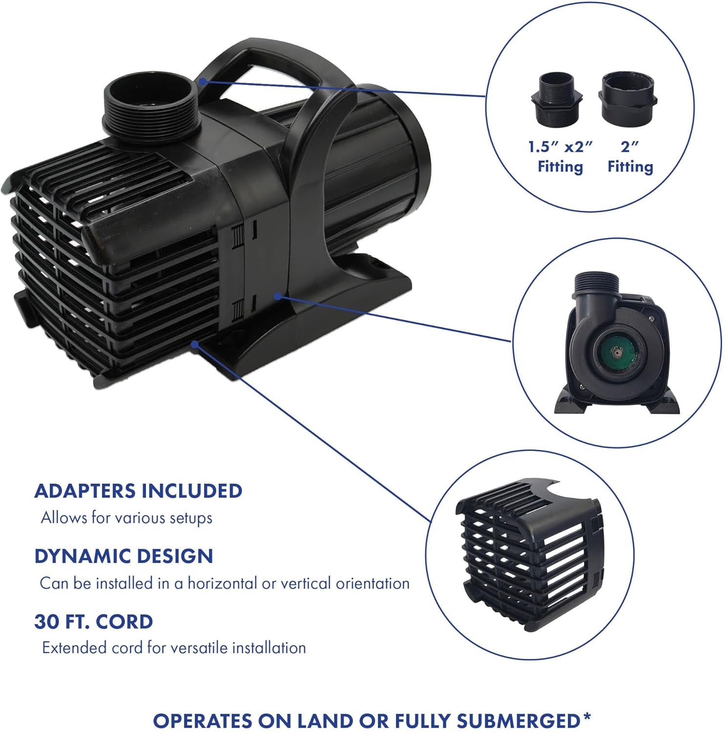 Anjon Monsoon Submersible Pond Pump 4,000 GPH, 21 ft Max Head, 30 ft Cord, 276W Continuous Duty Oil-Free Water Pump for Waterfalls, Skimmers, Filters, Ponds & Water Features