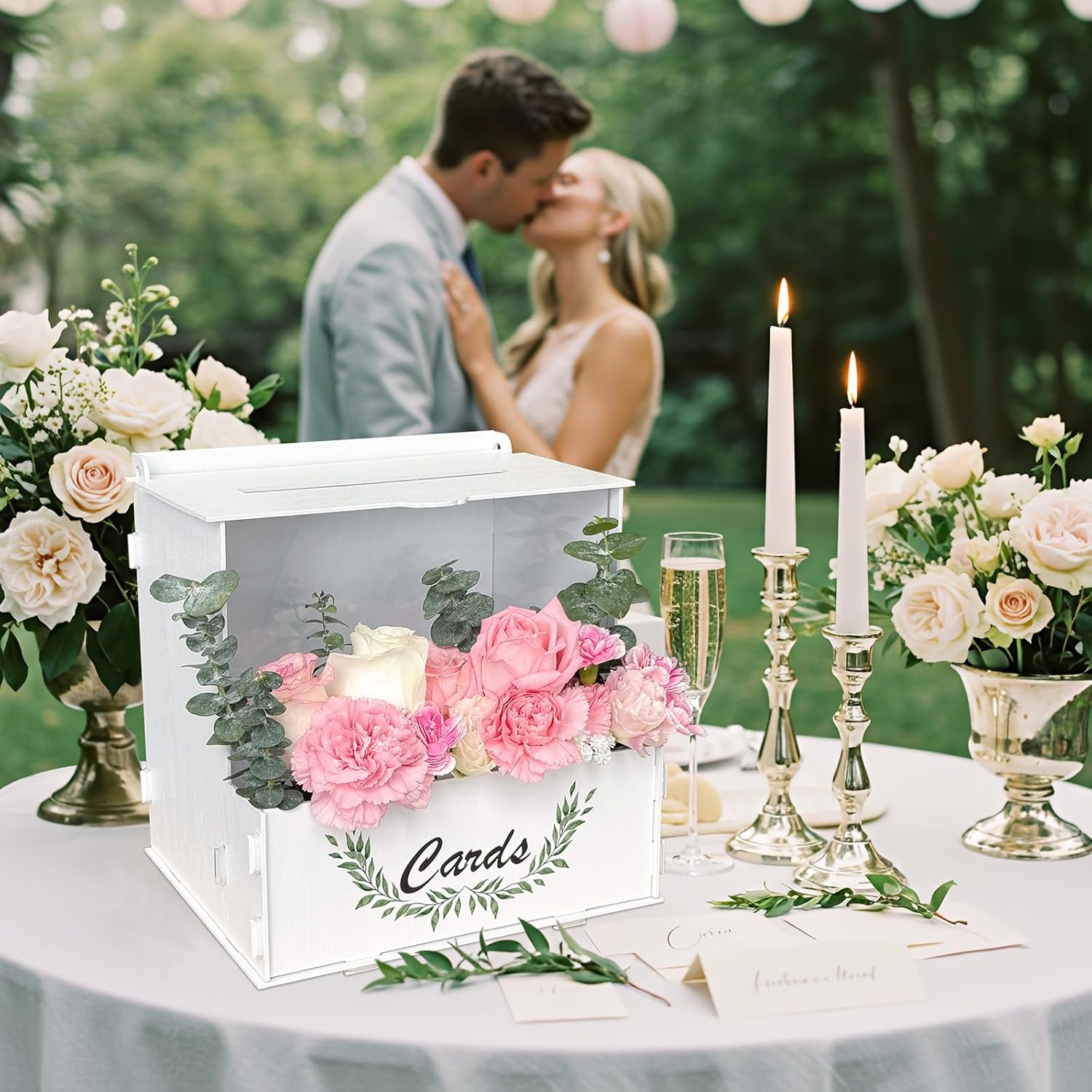 OurWarm Wooden Wedding Card Box with Acrylic Board & Flower Trough, White Gift Card Box for Wedding, Envelope Boxes for Gifts Bridal Shower Decorations Party Reception Anniversary Baby Shower