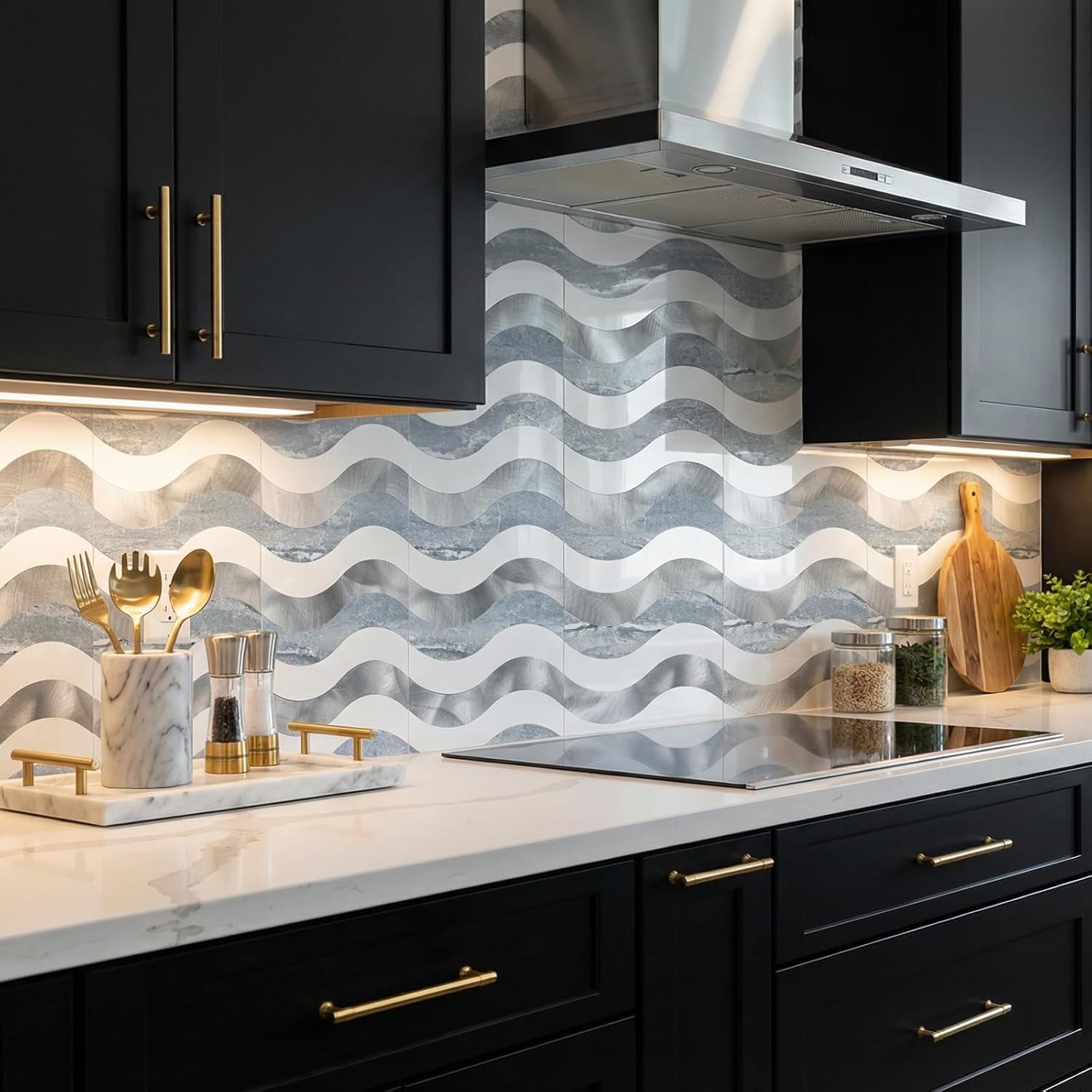 10-Sheets Peel and Stick Backsplash Tiles, Seamless Stick on Tiles for Kitchen Wall and Bathroom,Blue Marble & Polished White PVC Mixed Metal Silver Self Adhesive Wall Tiles