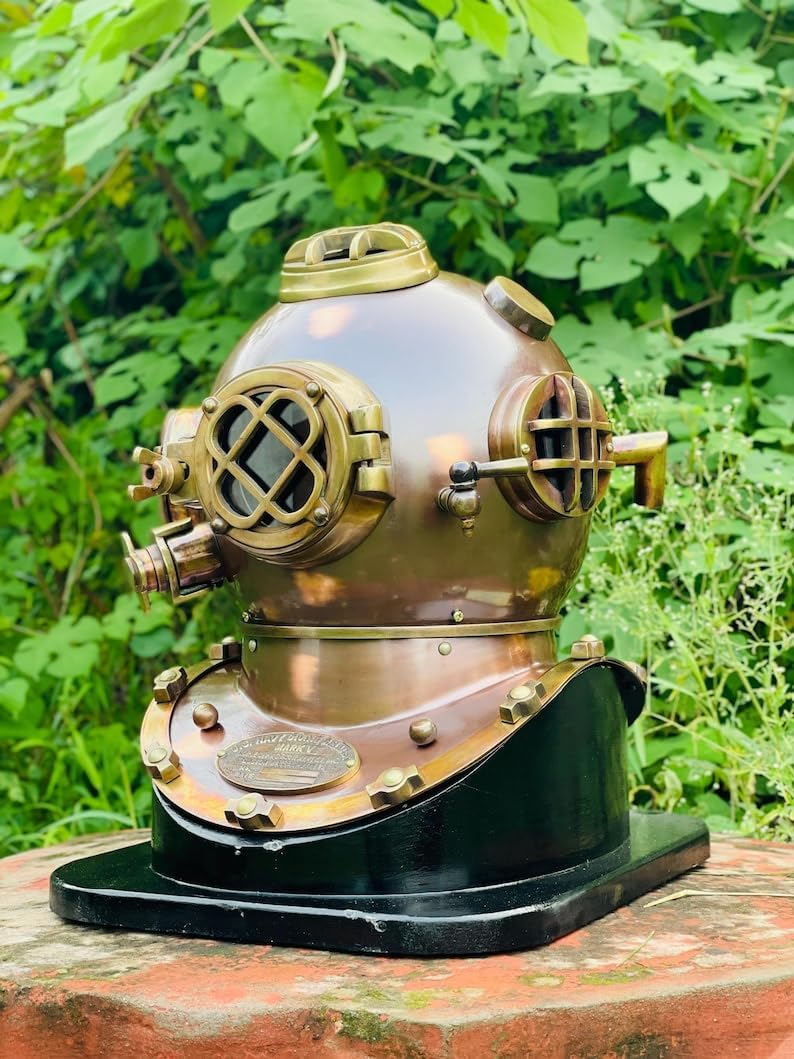 Vintage Brass Diving Helmet Replica – Antique Deep Sea Diver Helmet 1921 Style – Nautical Maritime Decor, Steampunk Collectible Display Piece with Wooden Base