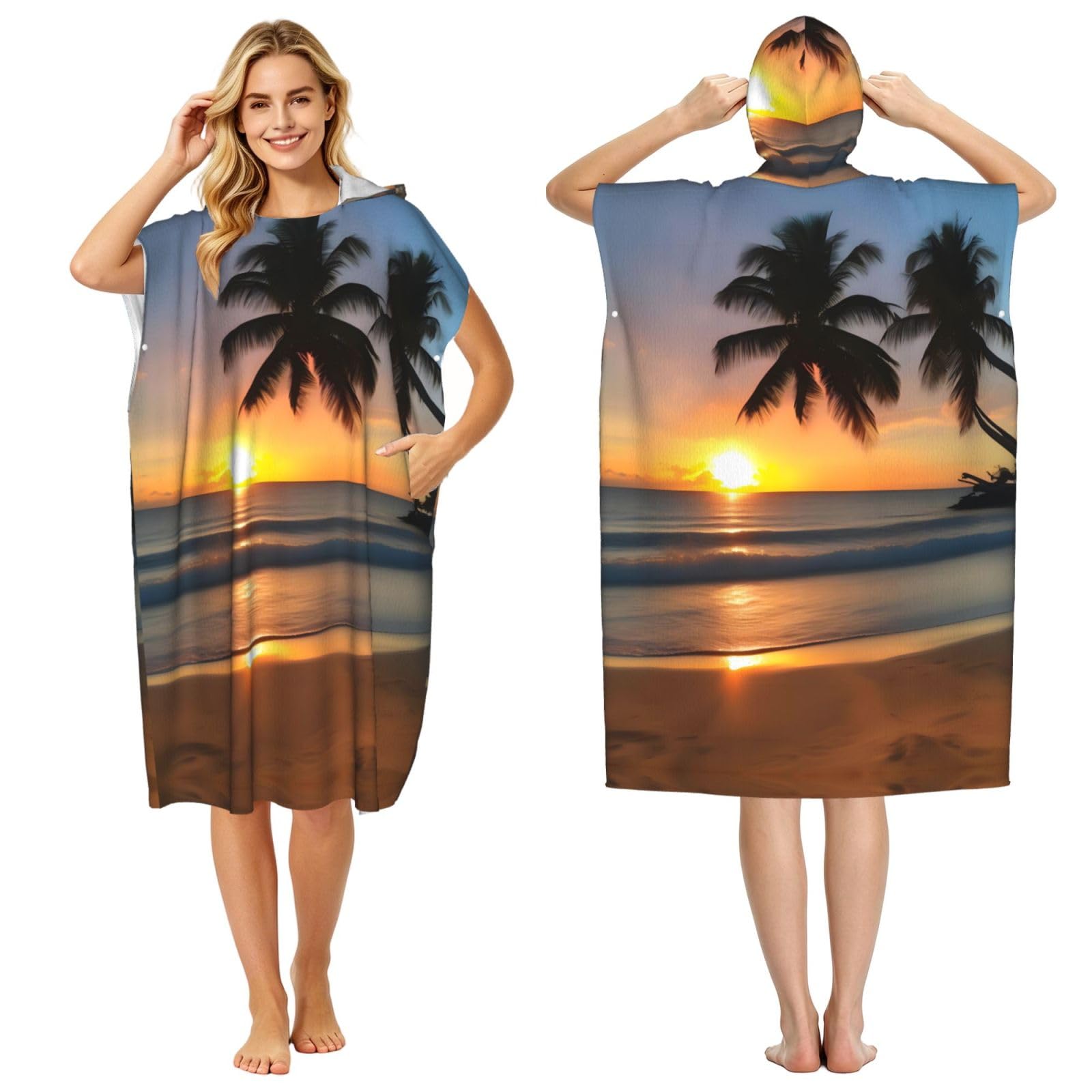 Zaixiansj 110cm Sunset beach Print Adult Changing Robe Hooded Towel Poncho Surf Swim Beach Cover Up with Pockets