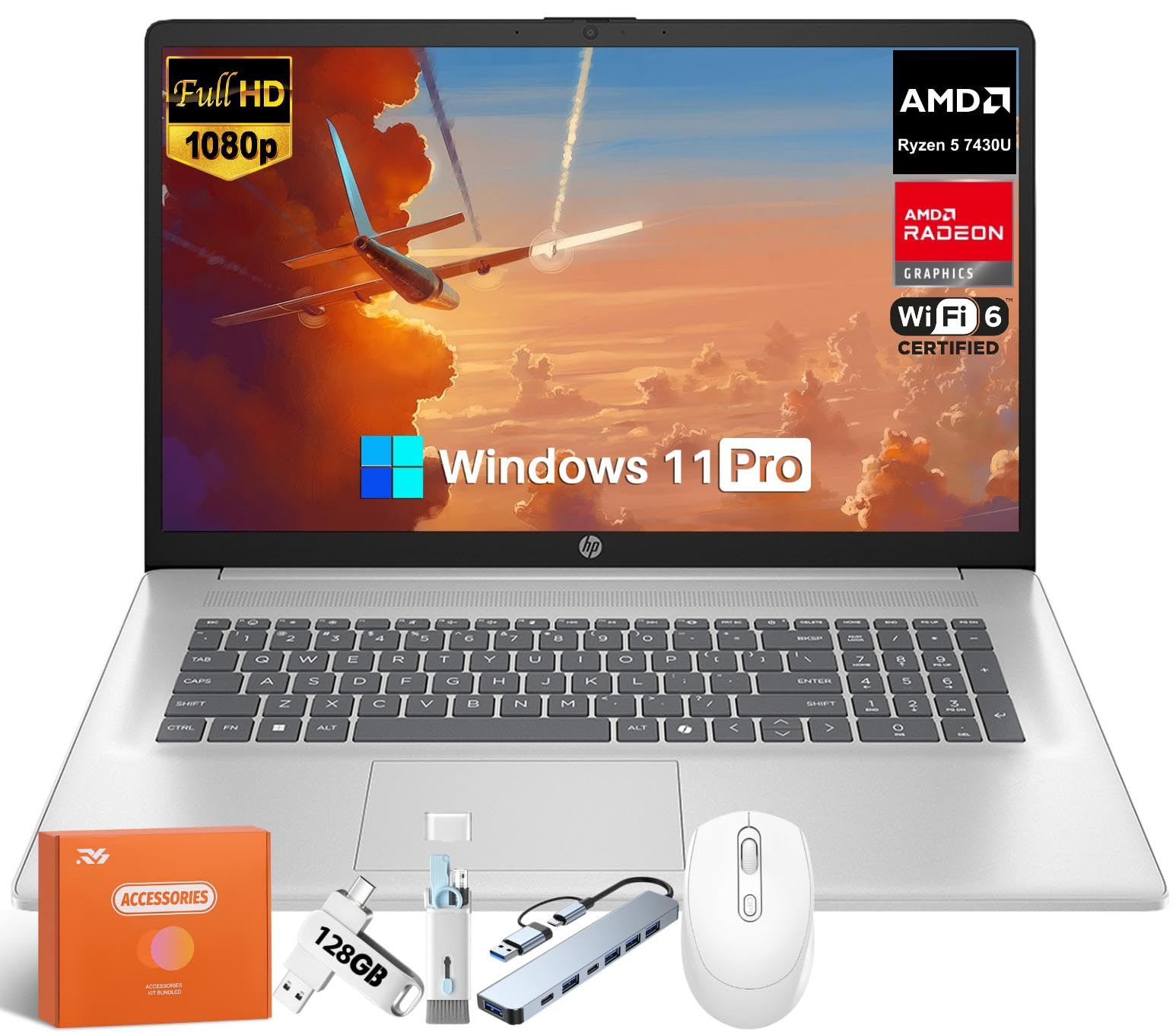 HP 17.3" FHD Laptop, AMD Ryzen 5 7430U 6-Core(Up to 4.3GHz), 32 GB RAM, 2 TB SSD, AMD Radeon Graphics, IPS Anti-Glare Display, Copilot AI, Wi-Fi 6, Long Battery Life, Windows 11 Pro, w/Accessories