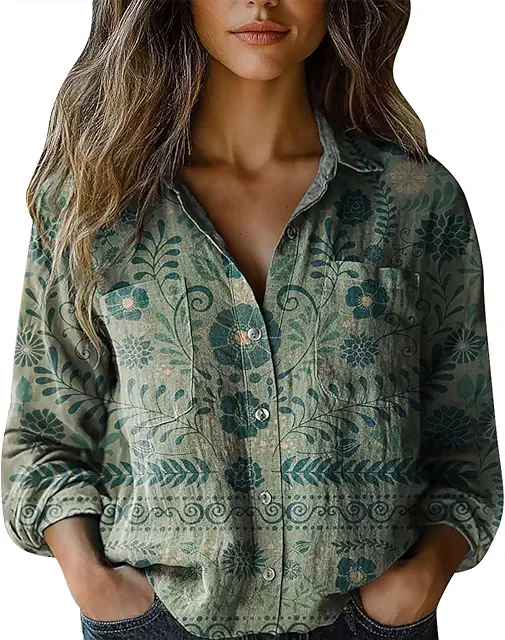 Elegante Damen Bluse aus Leinen mit V-Ausschnitt und Blumenmuster für den Sommer