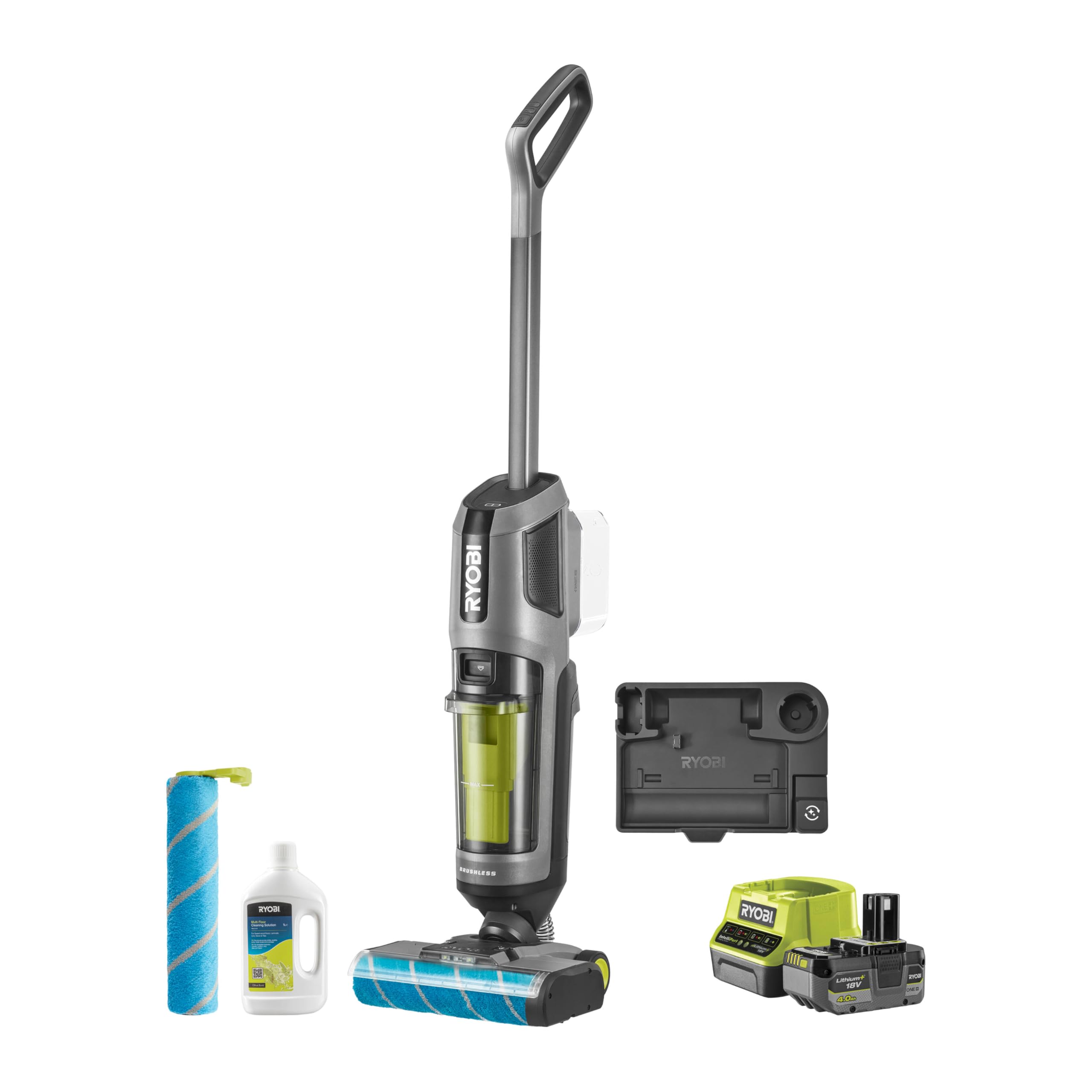 RYOBI Lavasciuga Pavimenti Senza Fili 18V 3-in-1, Doppio Serbatoio Acqua Pulita/Sporca, Motore Brushless, Batteria 4.0 Ah e Caricabatterie Inclusi, RASV18BL-1C40GL