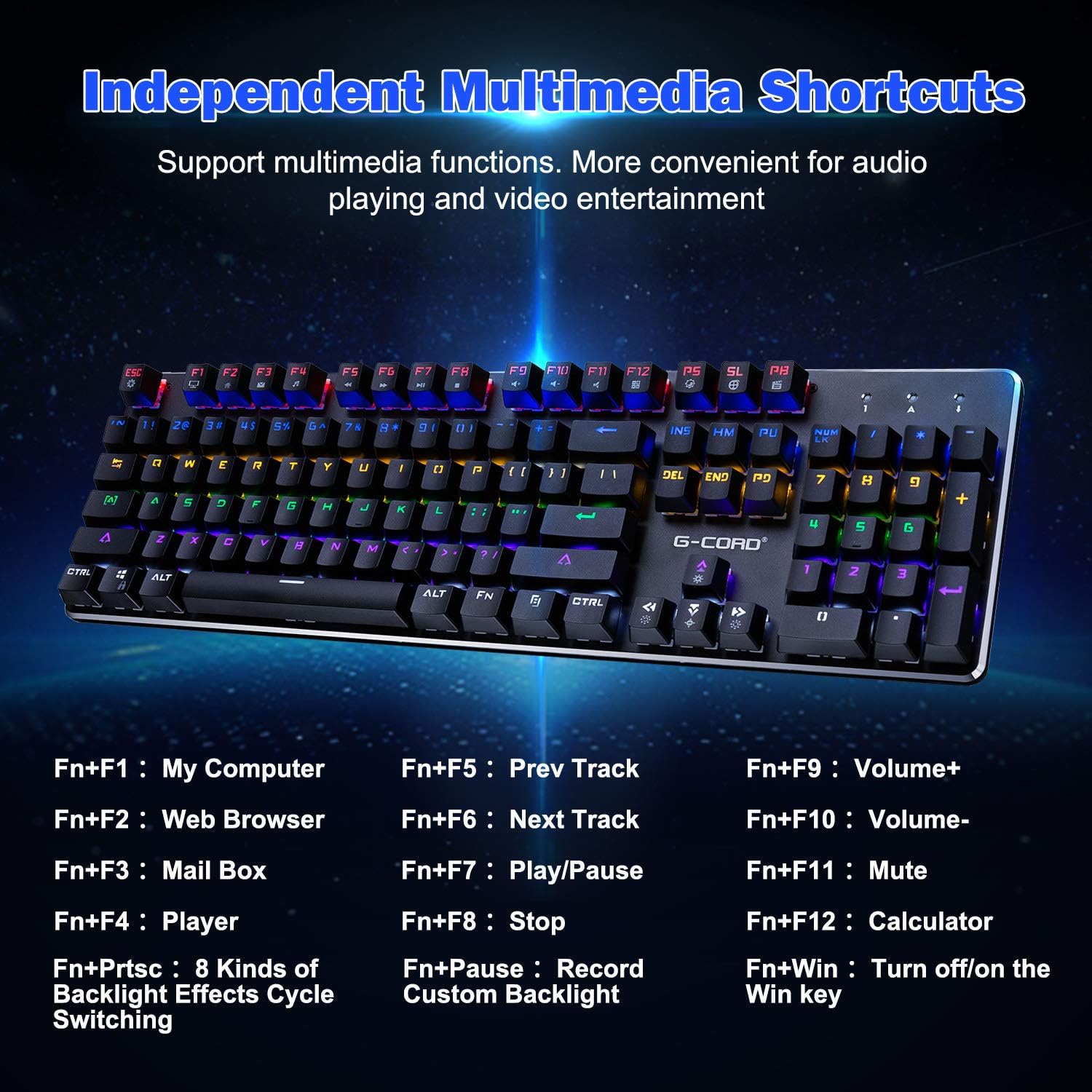 G-Cord Wireless Mechanical Gaming Keyboard, 104 Keys Wired Keyboard, LED Backlit, Brown Switch, Aluminum Top Frame