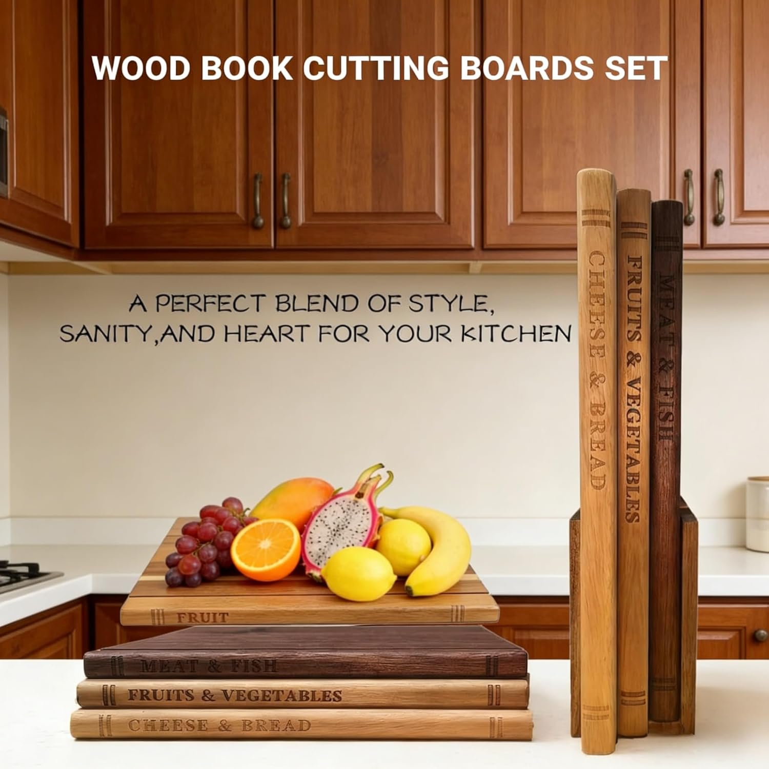 Wooden Book Cutting Board Set with Holder, Acacia Wood Book Shaped Cutting Board Set, Book Style Cutting Boards for Kitchen, Wooden Book Cutting Boards for Meat Bread Cheese