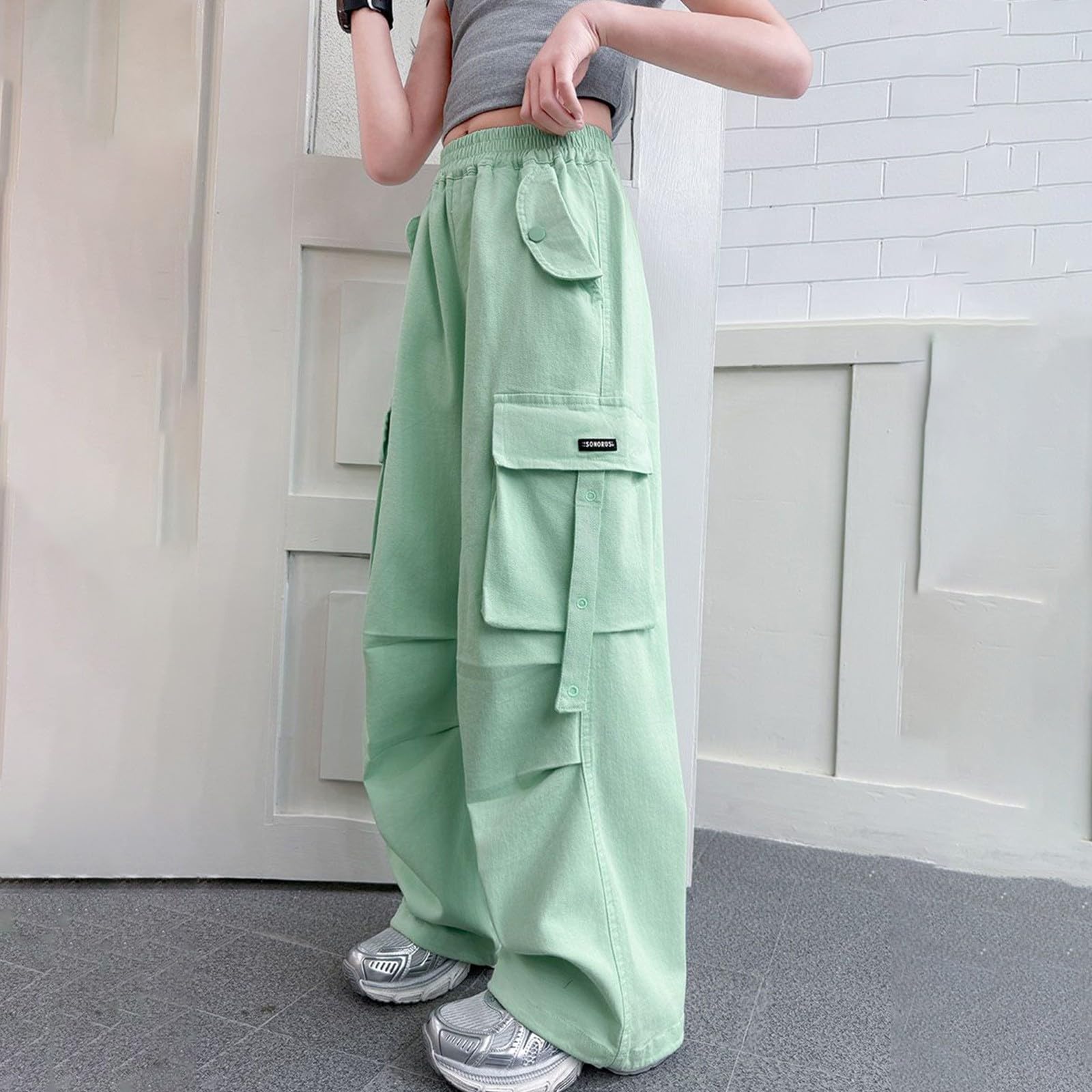 Baggy Cargohose Mädchen High Waist Cargo Hose Girls Weites Bein Stretch Elastischer Bund Trainingshose Kinder Hohe Taille Y2K Streetwear Lässige Sweatpants Jungen