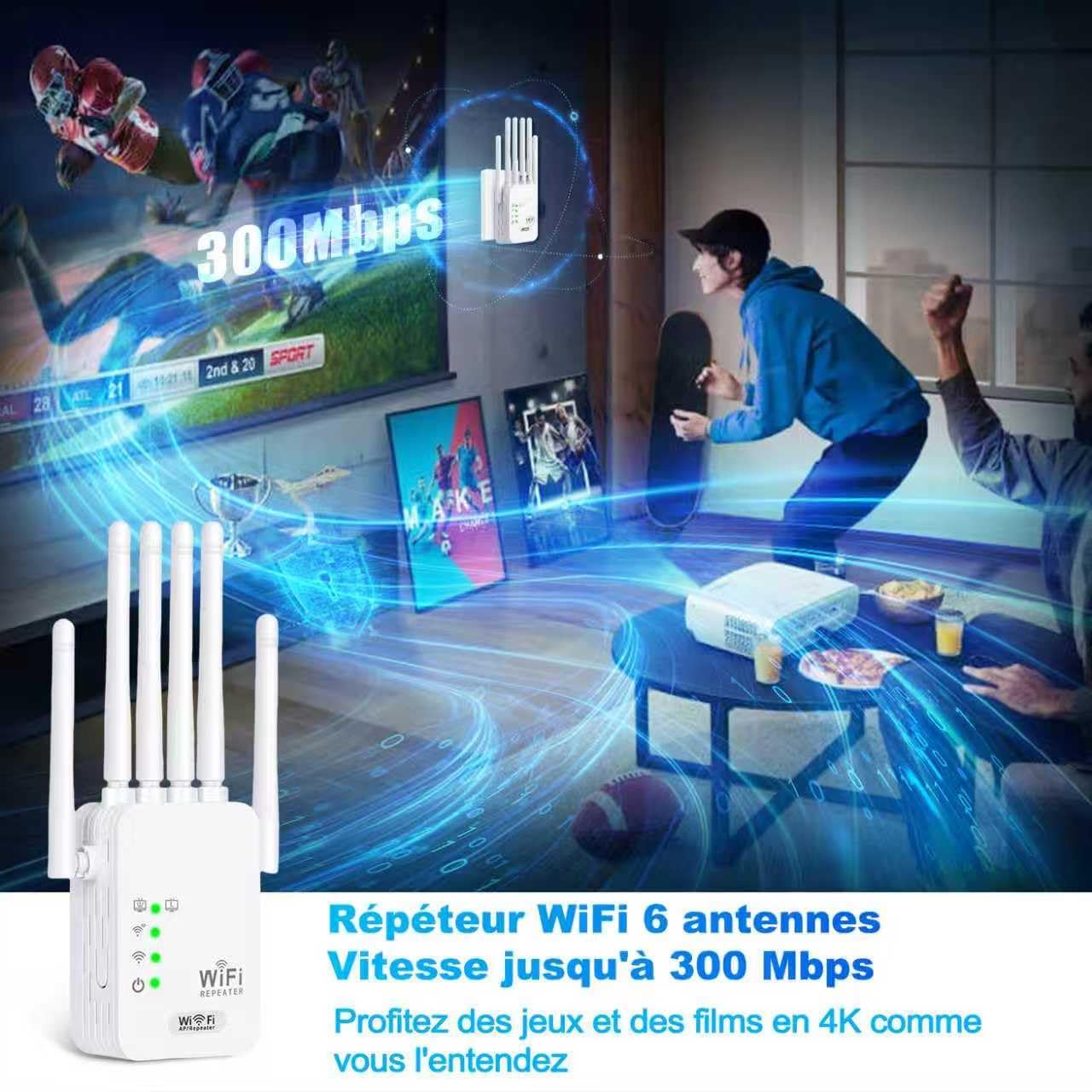 Repeteur WiFi Puissant, Amplificateur Répéteur WiFi 6 Dual Band,repeteur WiFi Puissant avec 6 Antennes Puissantes, 2 Ports LAN,repetiteur WiFi Puissant sans Fil