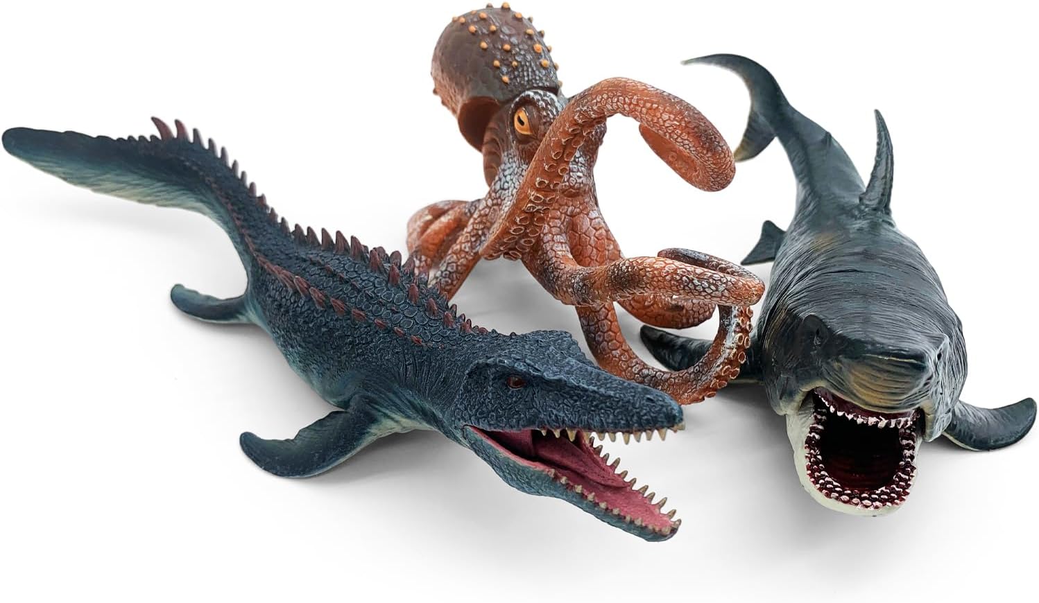 Movable Jaw Ocean Animal Set - 13" Mosasaurus, 10.6" Megalodon Shark & 7.8" Octopus Realistic Action Figure Toys for Kids & Collectors (3 PCS)