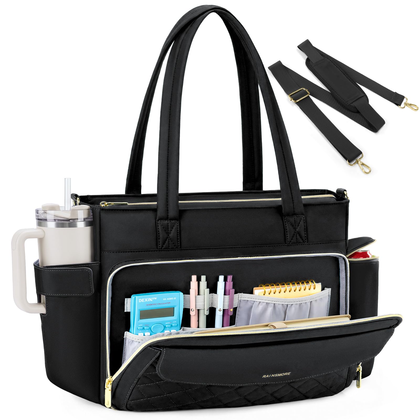 RAINSMORE Lehrertasche Damen Groß Laptoptasche, 15,6 Zoll, Schwarz | Arbeitstasche Isolierfach und Groß Getränkehalter, 3 Fächer, Abnehmbarer Schultergurt, Für Büro Uni Reisen