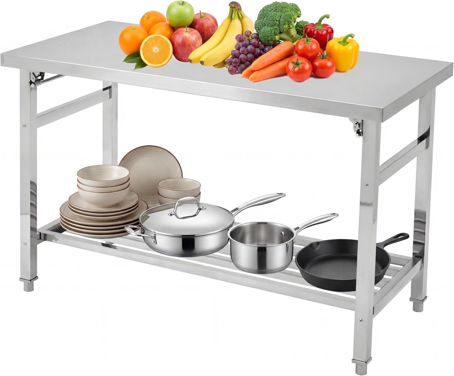 Garvee 48" x 30" Stainless Steel Folding Prep Table, Heavy Duty Commercial Work Table with Adjustable Undershelf for Restaurant, Kitchen, Food Service, Space-Saving, No Installation Required