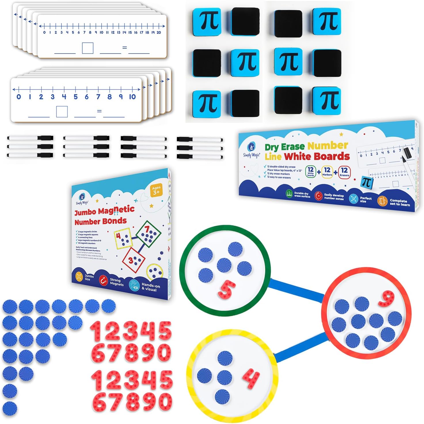 Simply Magic 75 PCS Colorful Magnetic Number Bonds & 12-Pack Double-Sided Dry Erase Number Line White Boards for Math
