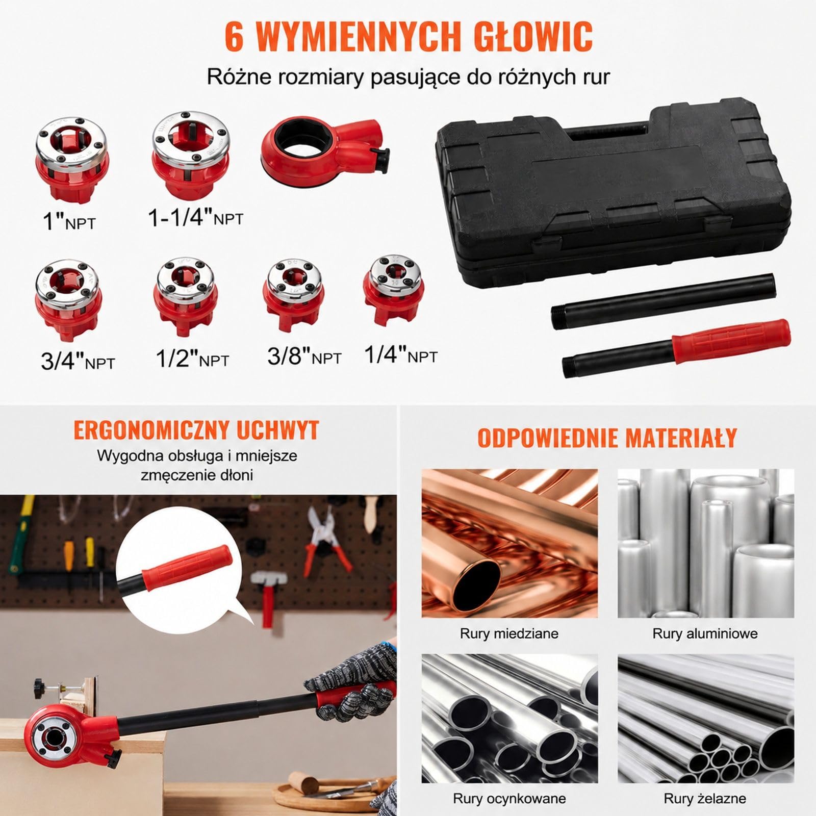 6-częściowy ręczny zestaw do gwintowania rur z grzechotką, matryce NPT i walizka do hydrauliki, budowy, aluminium, żelaza, miedzi
