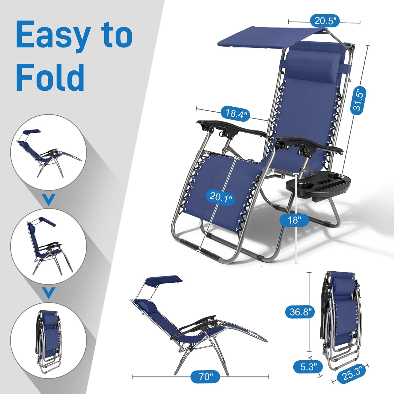 Bonnlo Zero Gravity Chair with Canopy Patio Sunshade Lounge Chair, Adjustable Folding Shade Reclining Chairs with Cup Holder and Headrest for Beach Garden (Blue) (Blue, 1P)