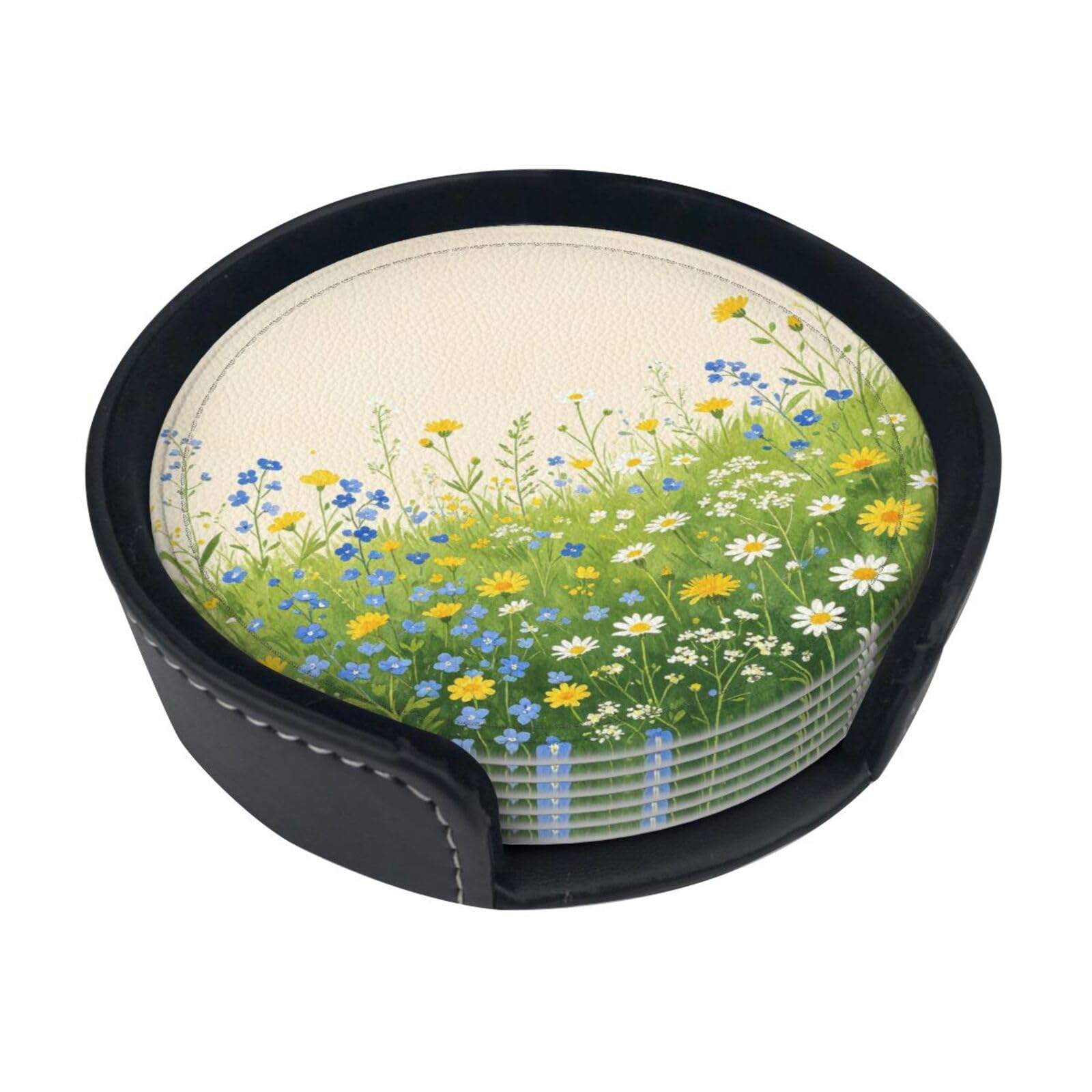 Cntdbu White Mixed Wild Meadow Leather Coasters Set Of 6-Pu Leather Drink Mats For Table, Heat Resistant Round Coasters With Holder