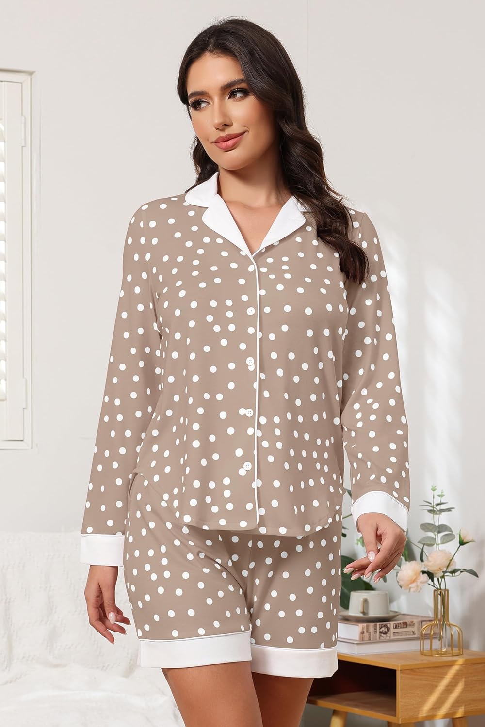 FKEEP Button Down Pajamas Sets Women Two-Piece Satin Silk Pjs Sets Loungewear Long Sleeve Sleepwear Shorts Nightwear Sets - Image 3
