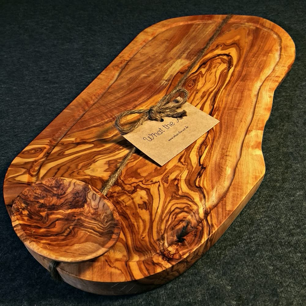 What the Art!® Olive Wood «Big Rustic» Gr. XL | Olivenholz Schneidebrett + Dip-Schälchen | Handarbeit | ca. 50-53 x 20-26 x 2 cm | Käsebrett - Hackbrett - Tranchierbrett - Servierbrett