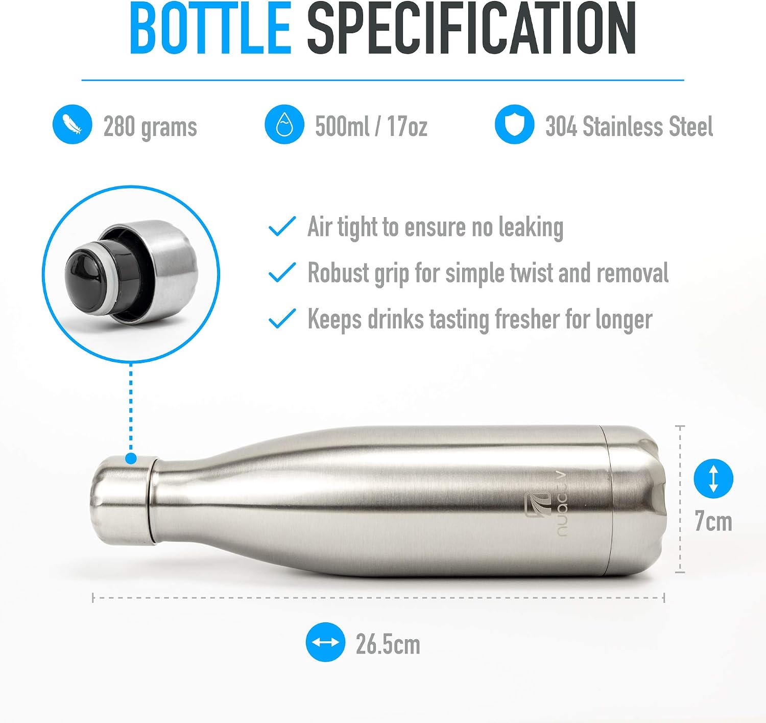 Nuactiv Stainless Steel Water Bottle 500ml, Vacuum Insulated Metal Flask, Leakproof, BPA Free, Reusable Sports Flask - Image 5