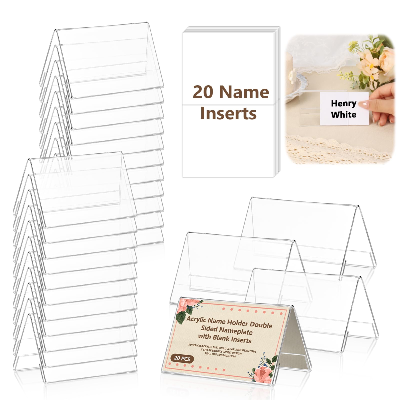 20 Pcs Acrylic Table Name Place Holders 52x74mm with Blank Inserts Double Sided Transparent Display Stand For Wedding Place Card Restaurant Cafe Price Label Ticket Holder Table Numbers