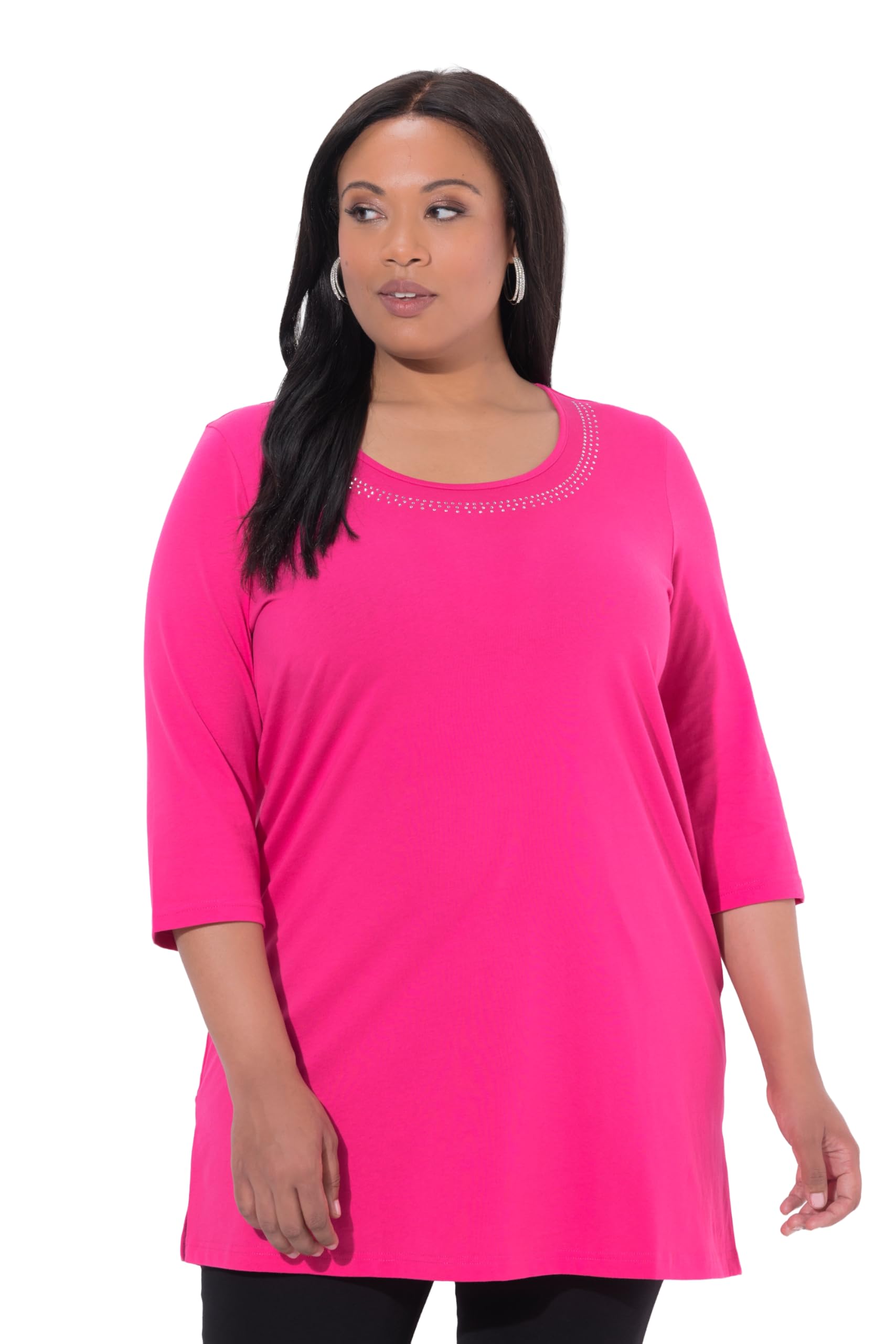 Ulla Popken Damen große Größen Übergrößen Plus Size Longshirt, Nieten, A-Linie, Rundhals, 3/4-Arm 847062