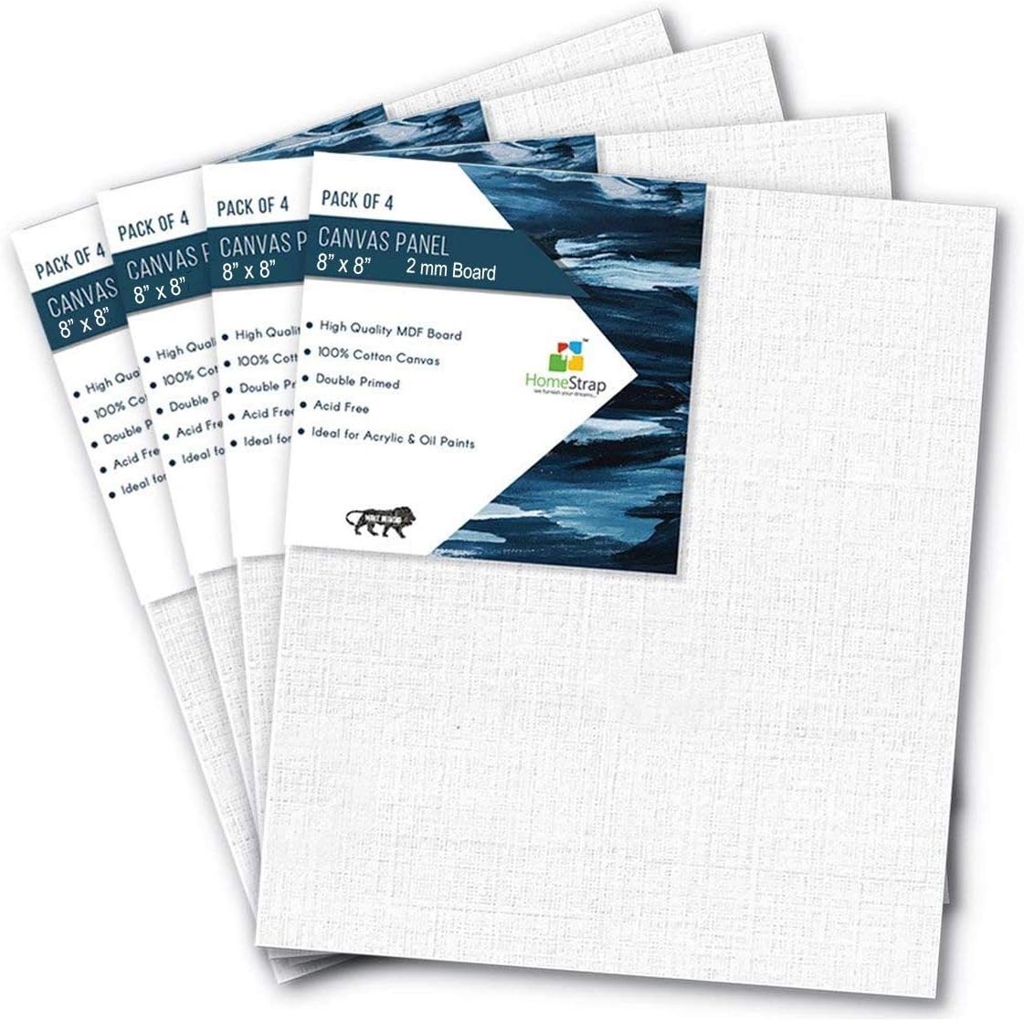 Homestrap Cotton Canvas Board Medium Grain 2MM Board- Pack of 4 - White 8 x 8 Inches (Pack of 4)