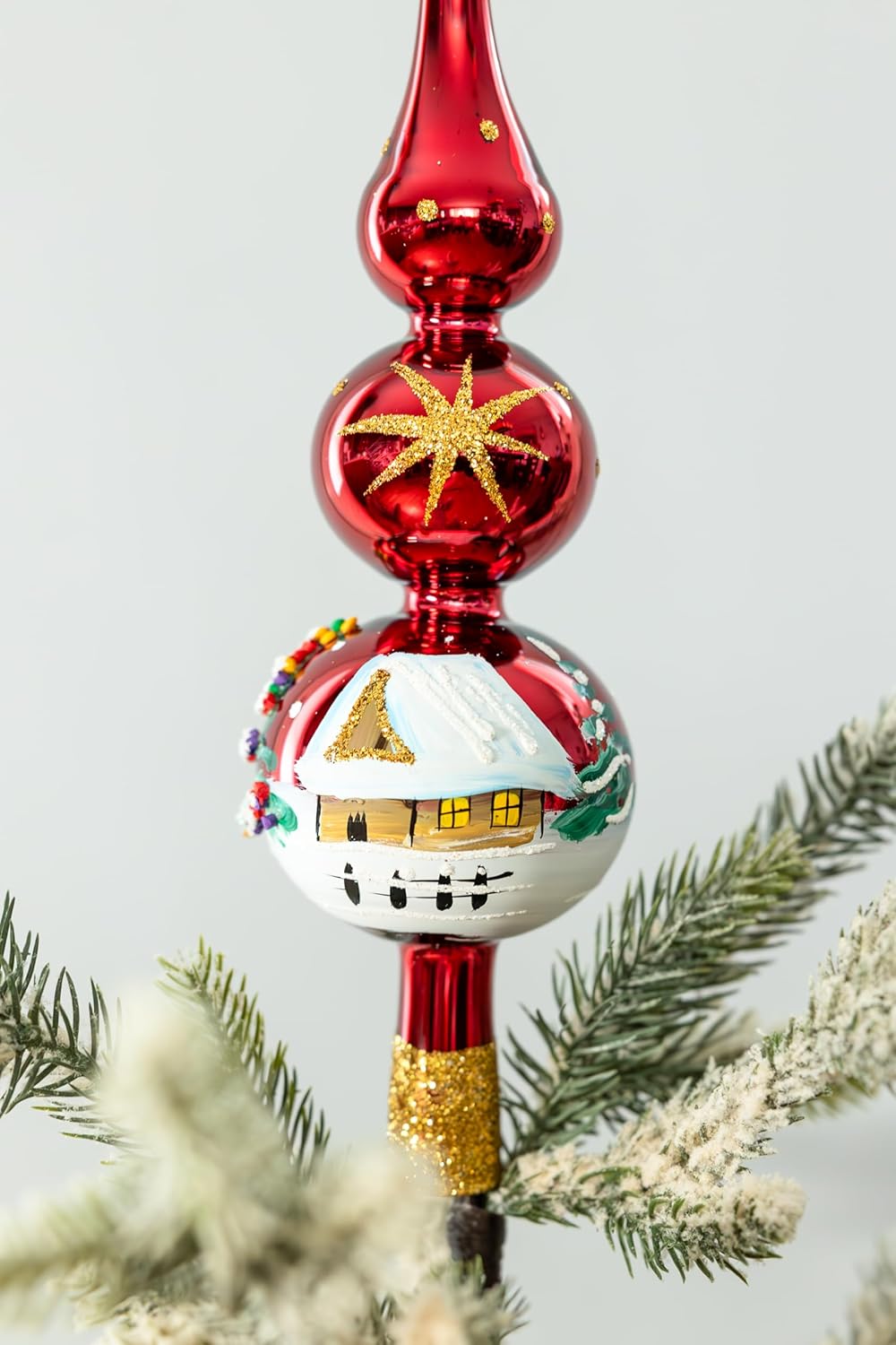 Christmas Tree Topper Spitz Glass Mouth Blown Hand-Decorated Embellishments (Burgundy, 12 inch)