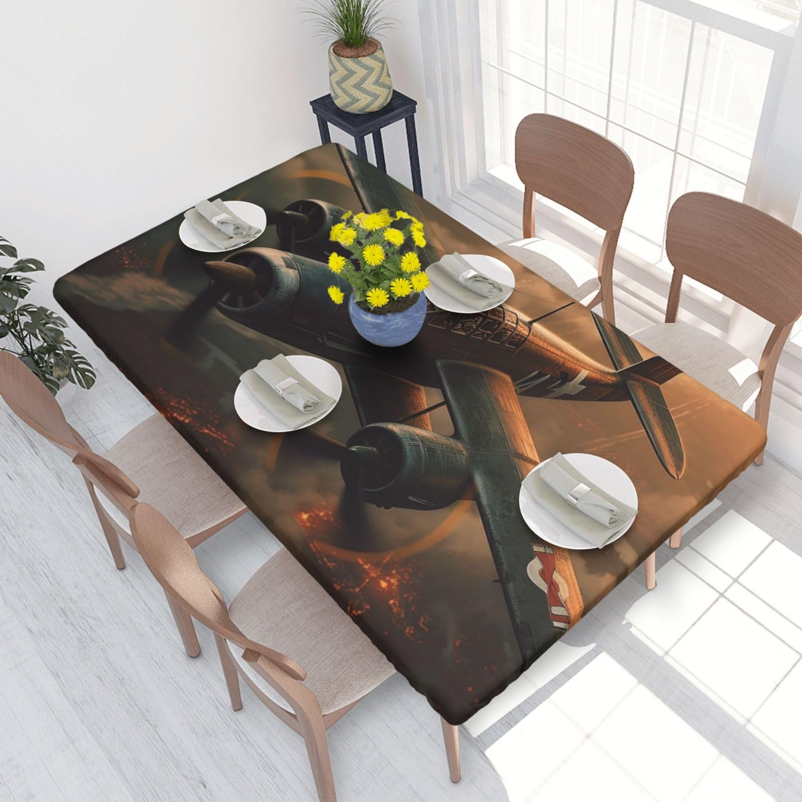 World War Aircraft Waterproof Square Table Cover Elastic Fitted Tablecloth Oil Proof Table Protector For 4ft Table