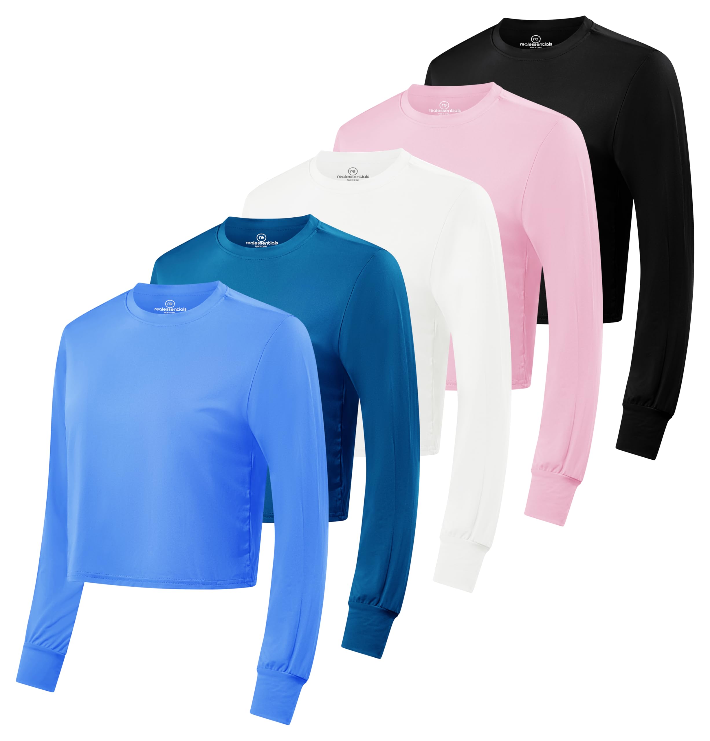 Real Essentials 5 Pack: Women's Dry Fit Crop Top - Long Sleeve Crew Neck Stretch Athletic Tee (Available in Plus Size)