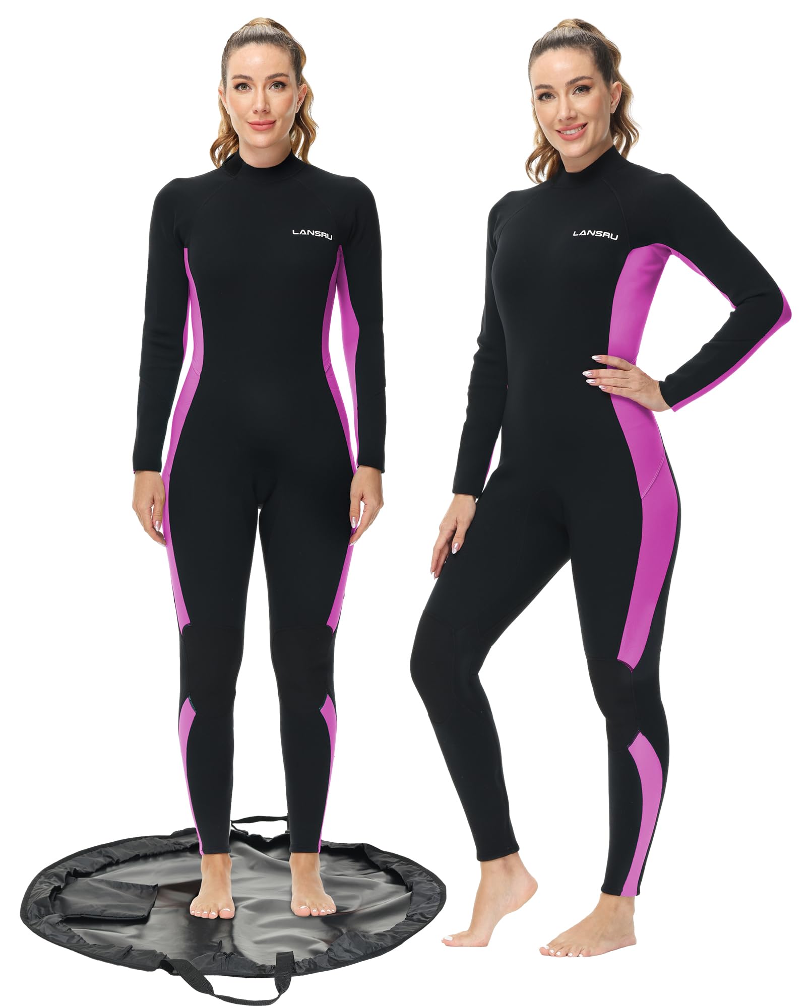 Lansru Neoprenanzug Ganzanzug 3/2 mm CR-Neopren Rückenreißverschluss | Wasserdichte Wechselmatte Tasche, thermischer Ganzanzug, kaltes Wasser, Surfen, Schnorcheln, Tauchen